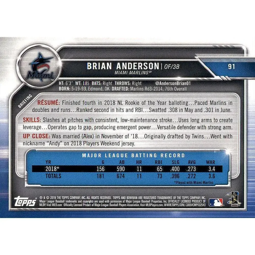 2019 Bowman Brian Anderson #91 Miami Marlins